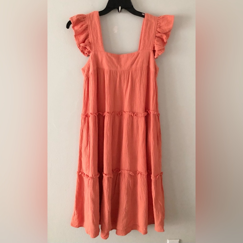 Entro Coral Flutter Sleeve Tiered Cotton Midi Sundress Beach Vacation Casual